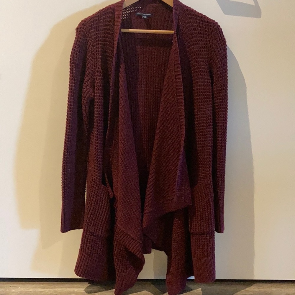 Burgundy waffle-knit cardigan sweater